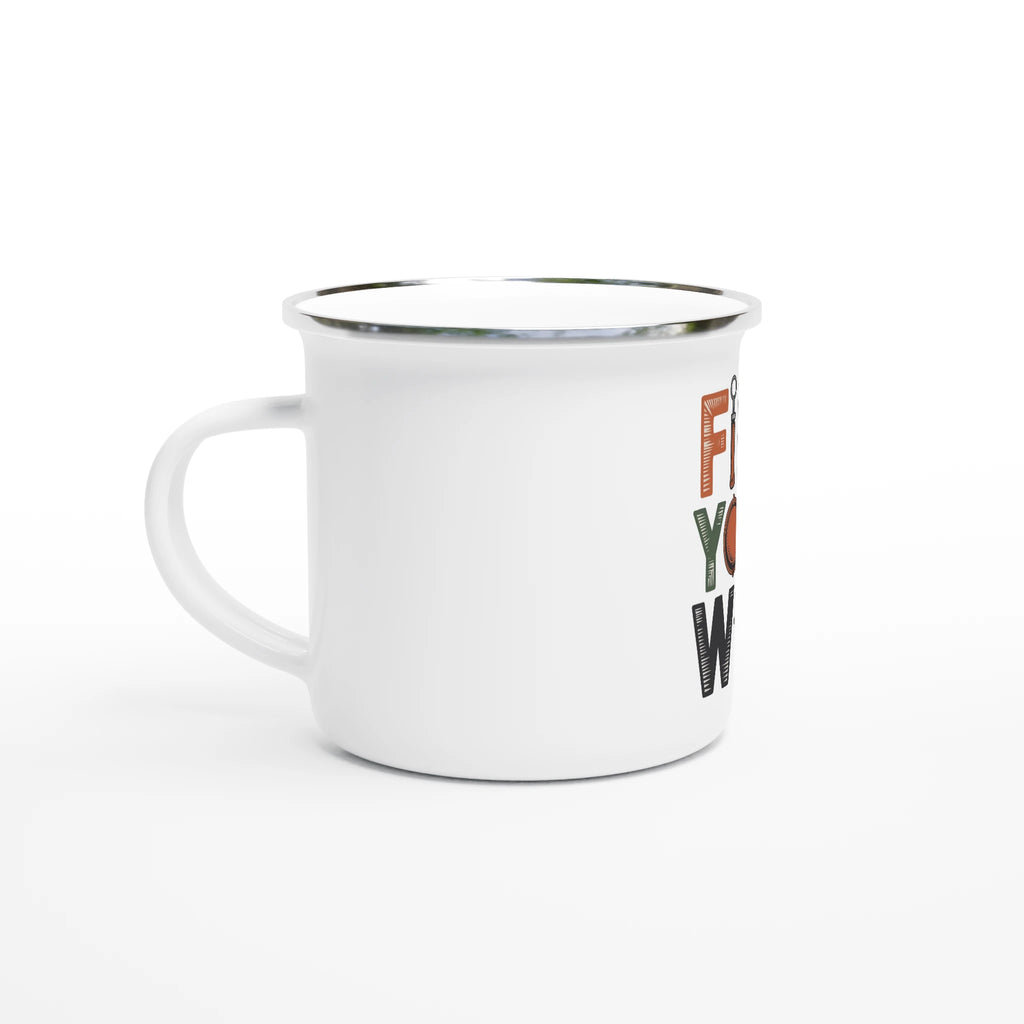 White mug with colorful text on a white background