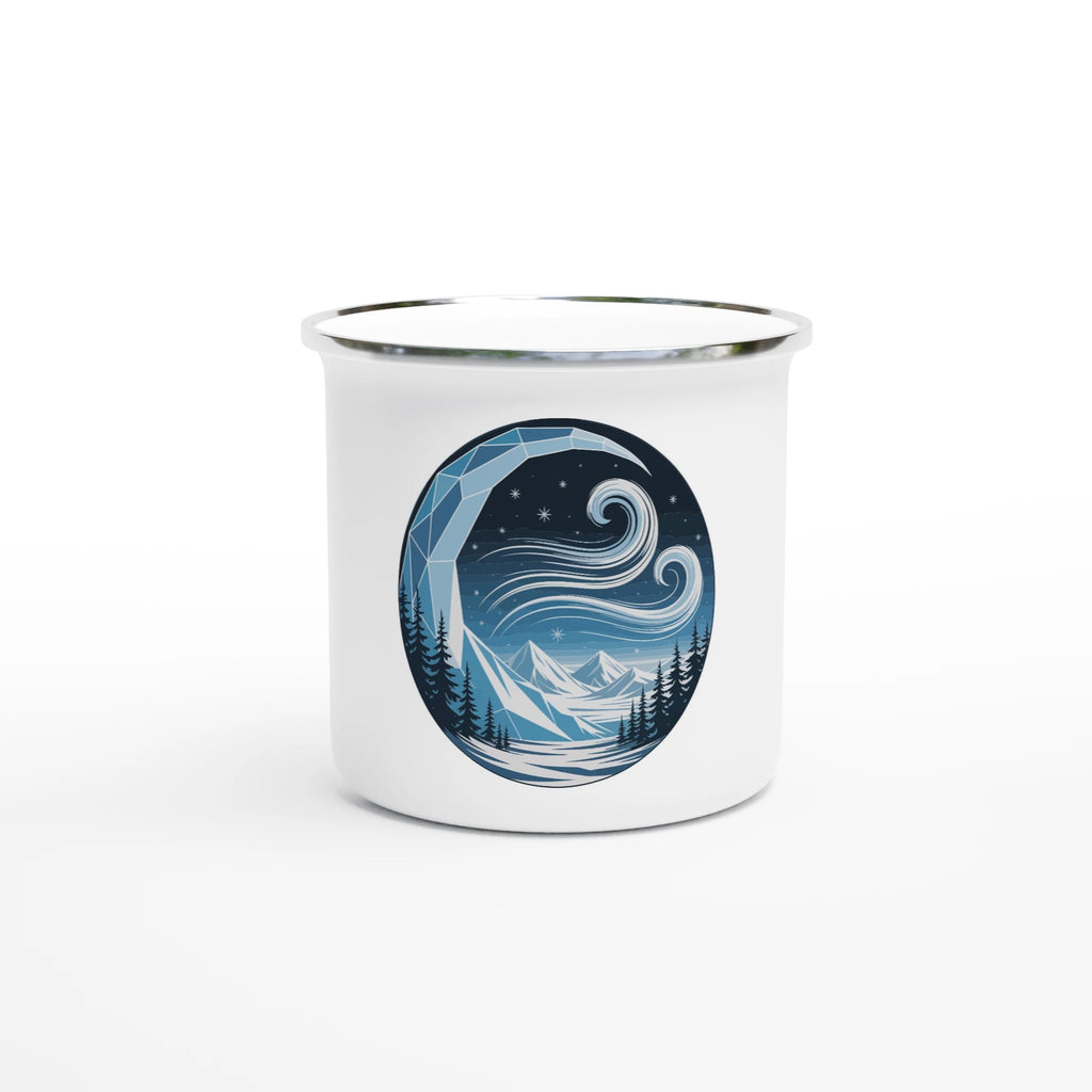 White mug with a blue and white mountain and wave design on a white background