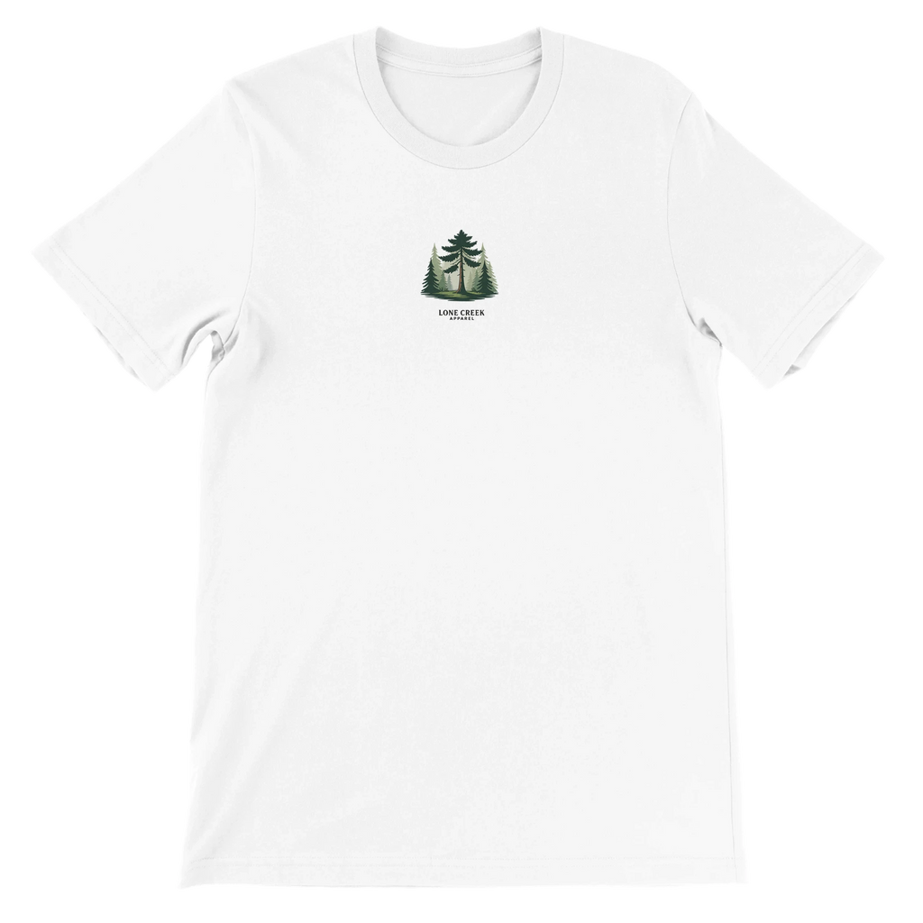 White t-shirt with a green logo on a white background