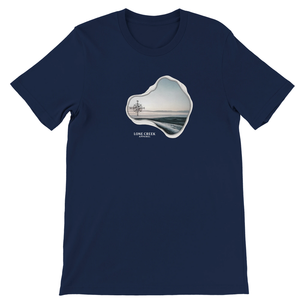 Navy blue t-shirt with a graphic of a lake and dock on a white background