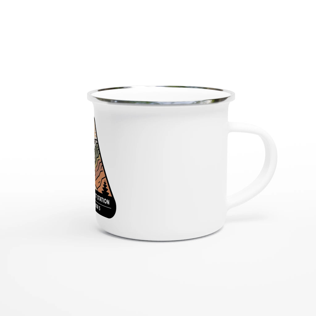 White mug with a small label on a white background
