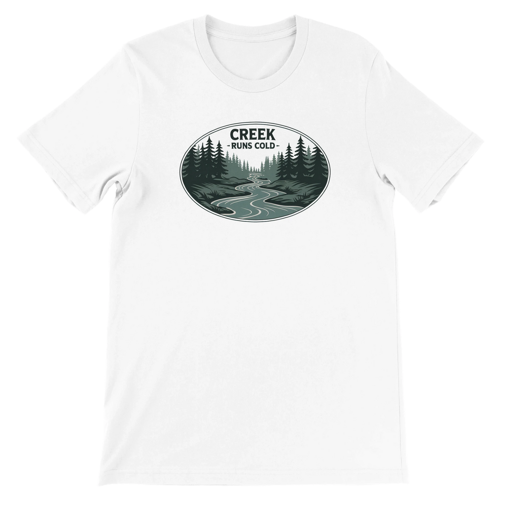 White t-shirt with a nature graphic and 'Creek Runs Cold' text on a white background