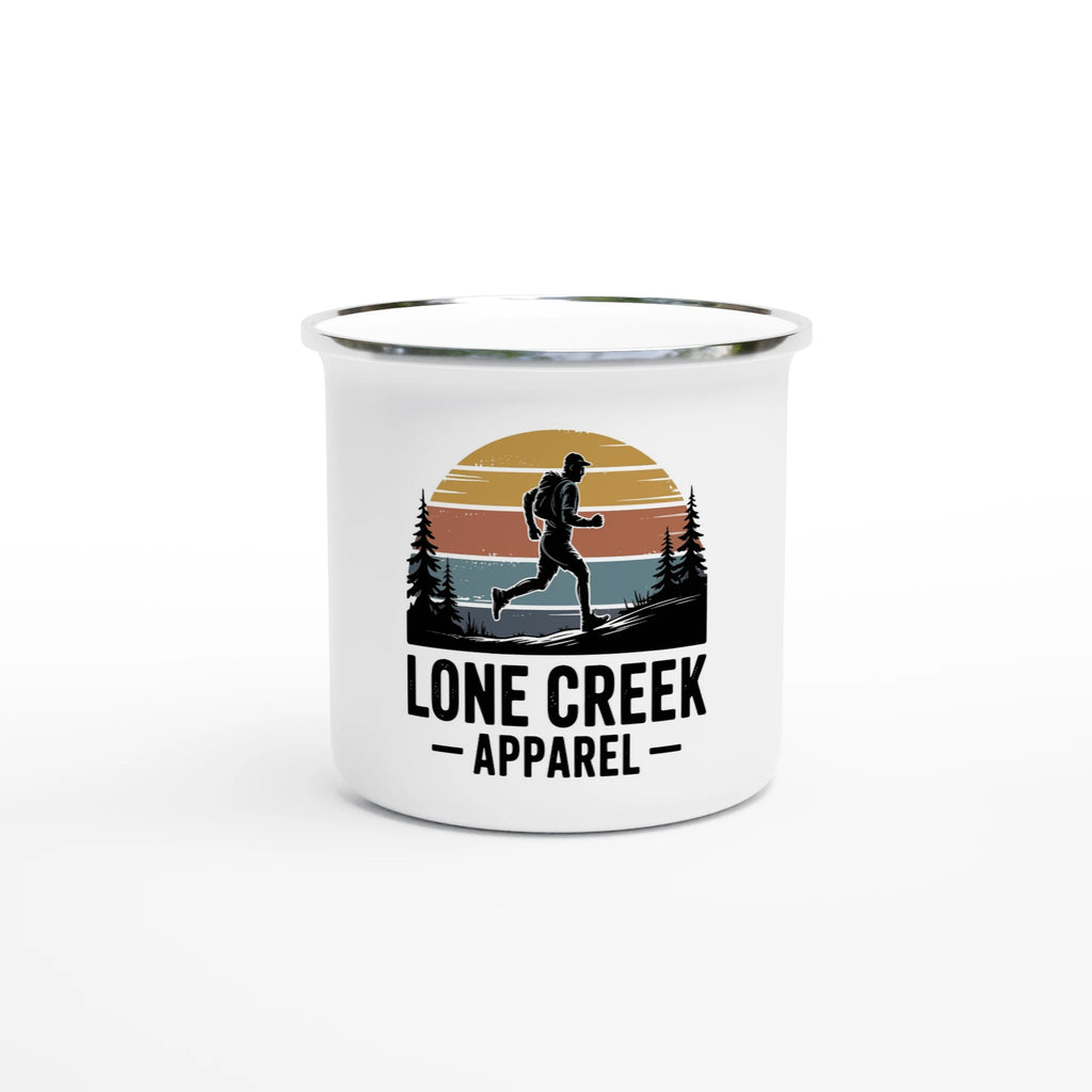 White mug with 'Lone Creek Apparel' design featuring a hiker and sunset.