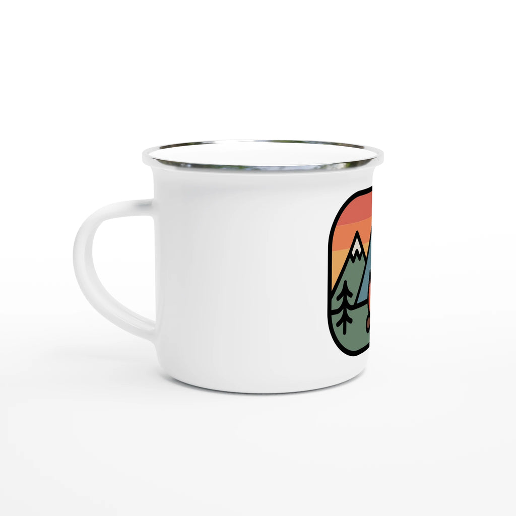 White mug with a colorful mountain design on a white background