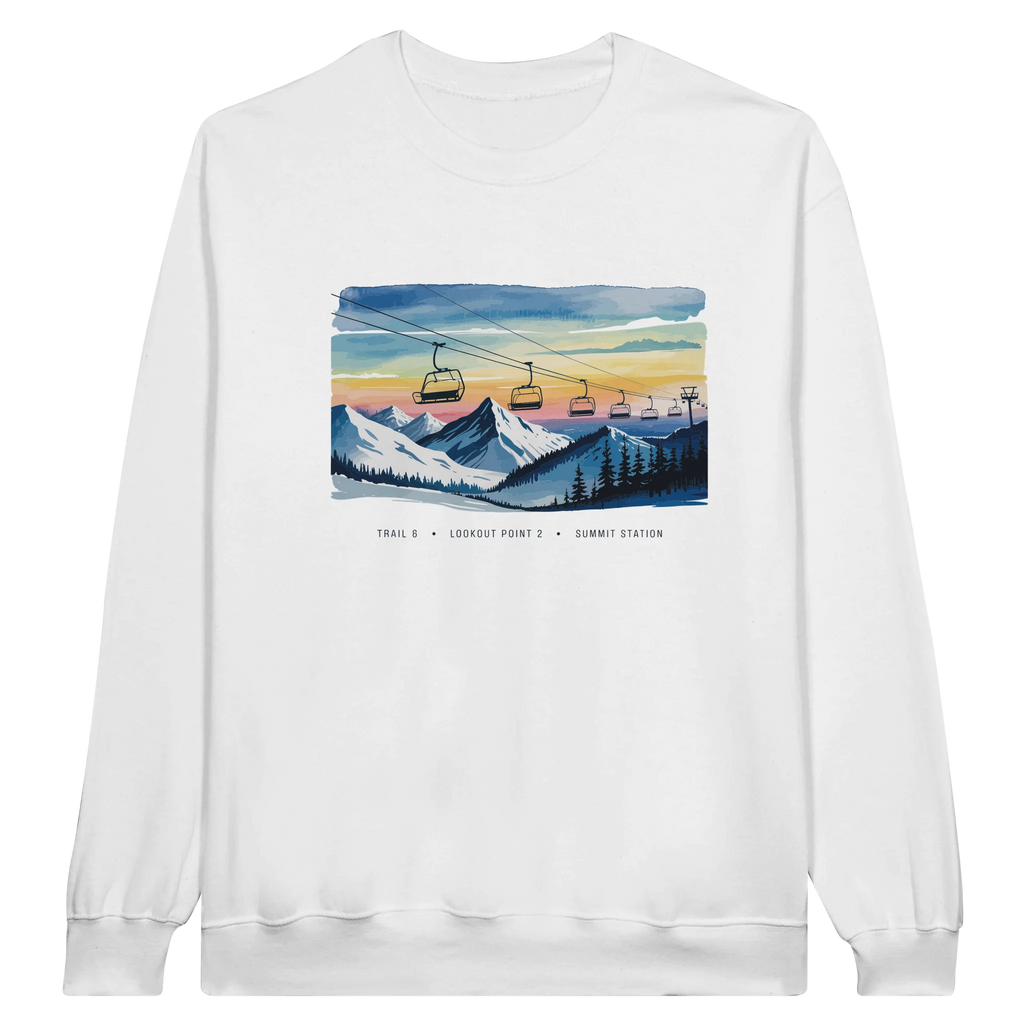 White sweatshirt with a mountain and ski lift graphic on a white background