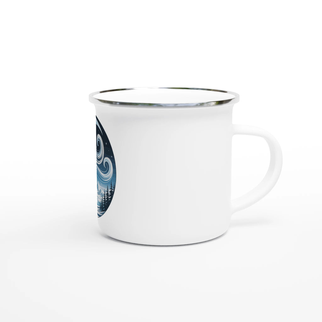 White mug with a blue and white design on a white background