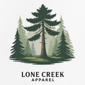 Logo of Lone Creek Apparel with trees on a light gray background