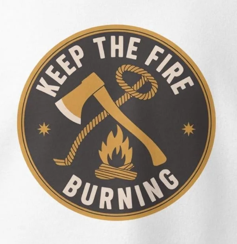Circular logo with an axe, rope, and flame design on a black background with 'Keep The Fire Burning' text.