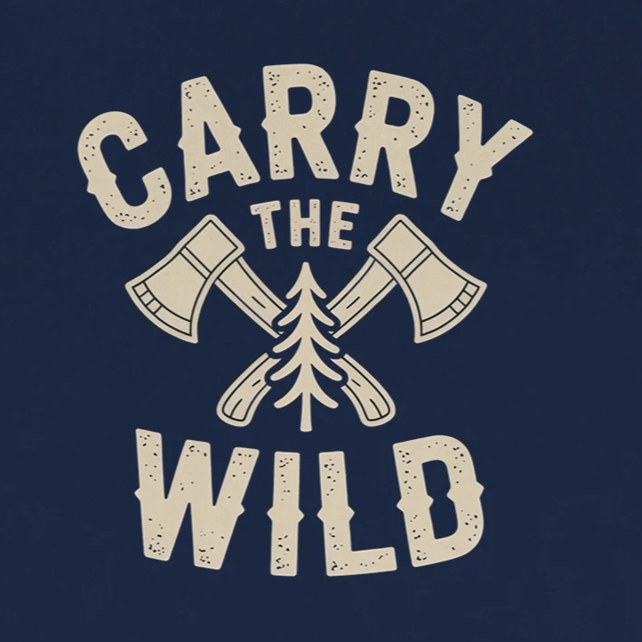 Navy blue t-shirt with 'Carry the Wild' graphic design featuring crossed axes and a pine tree.