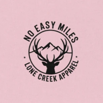 Logo of 'No Easy Miles Lone Creek Apparel' with a deer and mountain design on a pink background