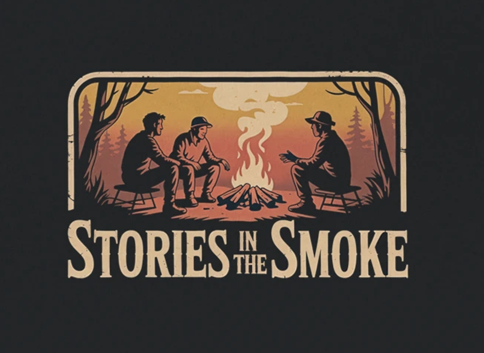 Illustration of three people around a campfire with 'Stories in the Smoke' text on a dark background