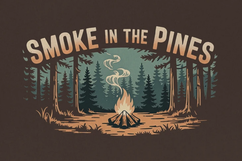 Illustration of a campfire with smoke in a forest, featuring 'Smoke in the Pines' text.