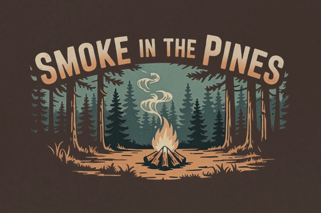Illustration of a campfire with smoke in a forest, featuring 'Smoke in the Pines' text.