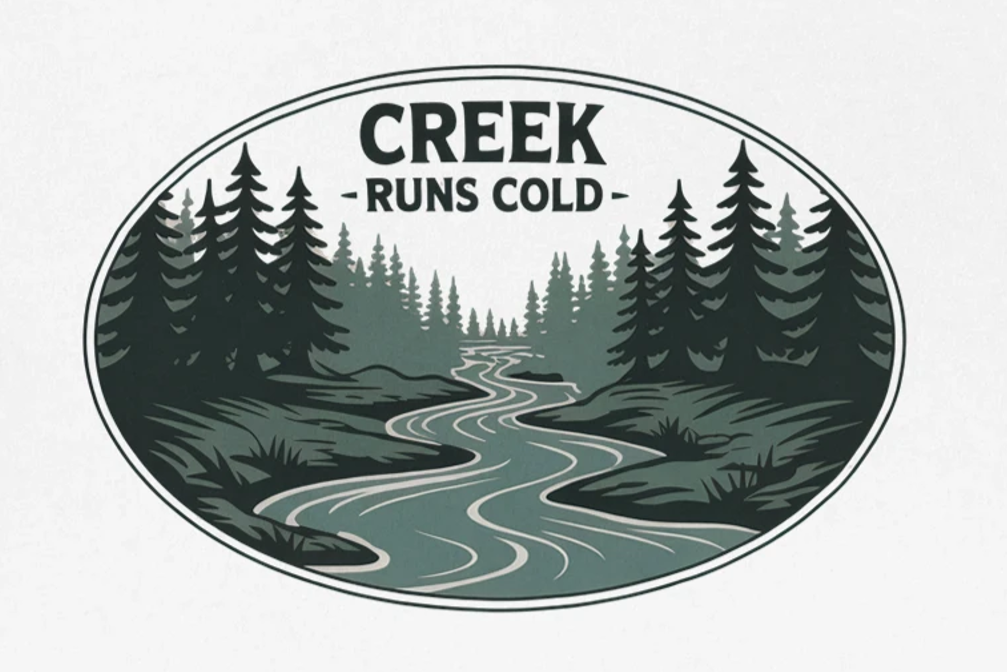 Logo with a stream and trees labeled 'Creek Runs Cold' on a white background