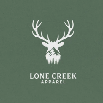 Lone Creek Apparel logo with a deer head and mountain on a green background