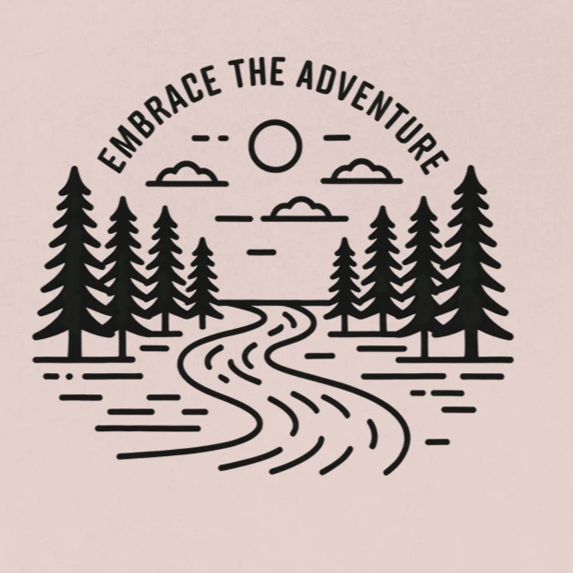 Illustration of a winding path through trees with 'Embrace the Adventure' text on a beige background