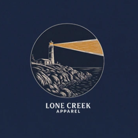 Lighthouse design with 'Lone Creek Apparel' text on a dark blue background