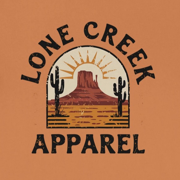 Lone Creek Apparel logo with desert scene and cacti on an orange background