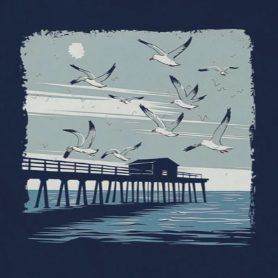 Illustration of seagulls flying over a pier with a blue background