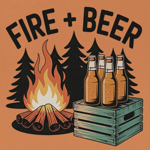 Illustration of a campfire with beer bottles and trees on an orange background, featuring the text 'FIRE + BEER'.