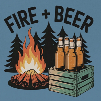 Illustration of a campfire and beer bottles with 'FIRE + BEER' text on a blue background