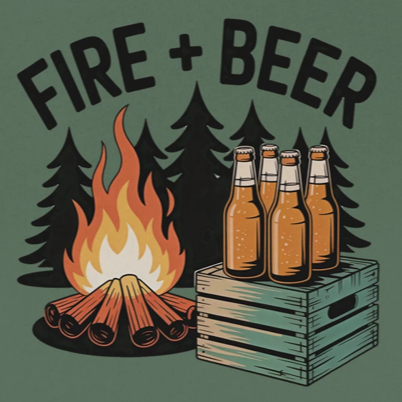 Illustration of a campfire with beer bottles on a green background, featuring the text 'FIRE + BEER'.