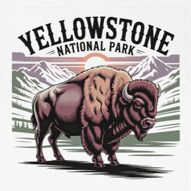 Yellowstone National Park logo with a bison and mountains in the background