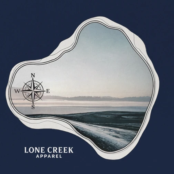 Map of a coastal area with a compass rose and 'Lone Creek Apparel' branding on a dark blue background.