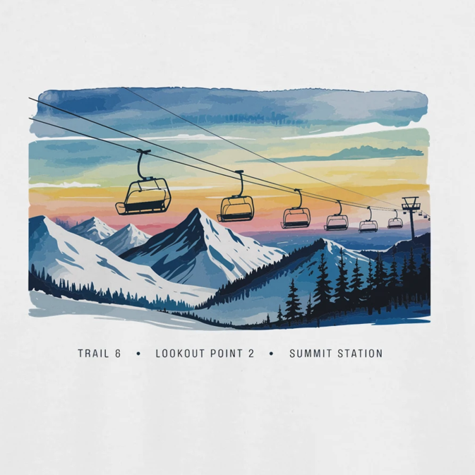 Artistic depiction of a mountain landscape with ski lifts and a sunset.