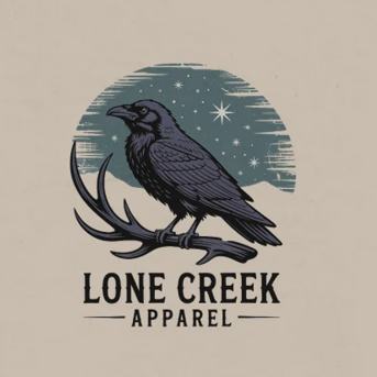 Logo of Lone Creek Apparel featuring a crow on antlers with a starry sky background.