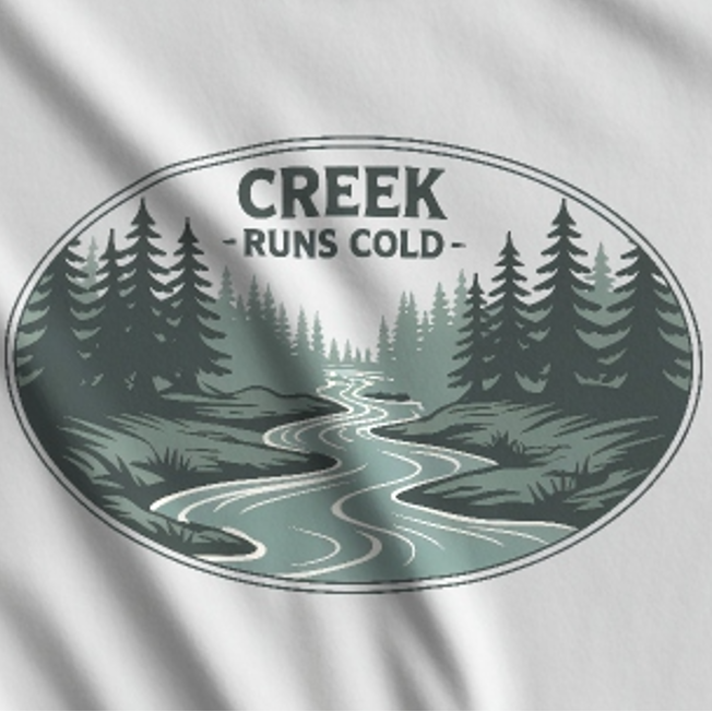 Logo with a river and trees on a white background