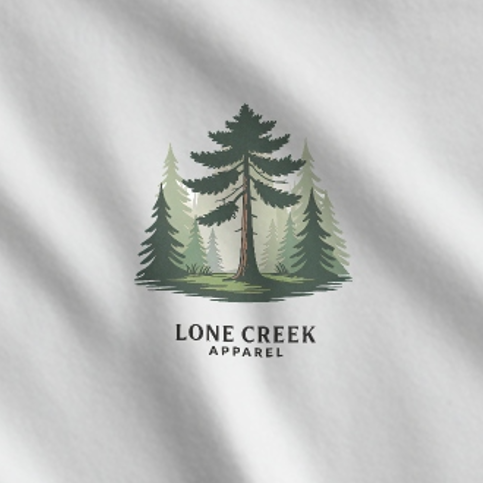 Lone Creek Apparel logo with trees on a gray background