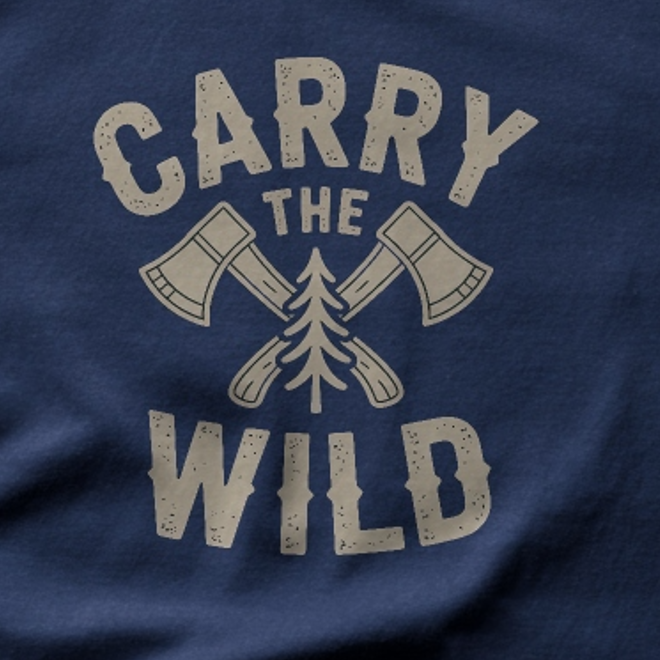 Navy blue t-shirt with 'Carry the Wild' graphic design featuring crossed axes and a pine tree.