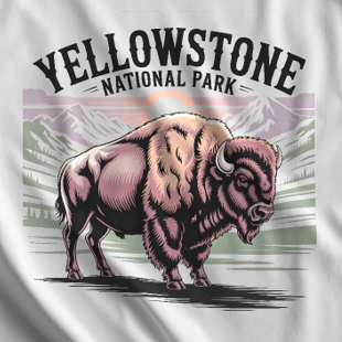 Bison illustration with 'Yellowstone National Park' text on a white background