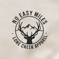 Logo of 'No Easy Miles' by Lone Creek Apparel with a deer silhouette on a cream background