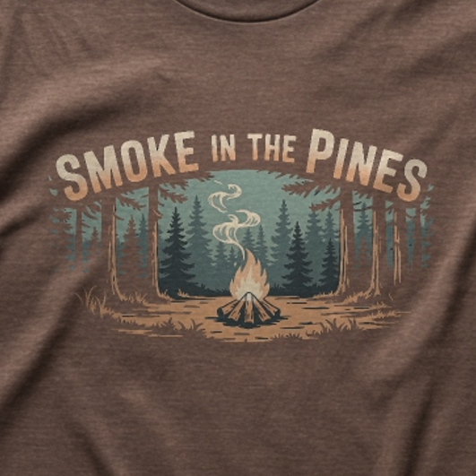 Brown t-shirt with 'Smoke in the Pines' graphic design featuring a campfire and trees.