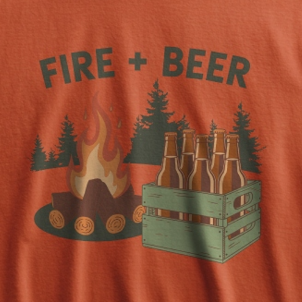 T-shirt with 'FIRE + BEER' graphic on an orange background