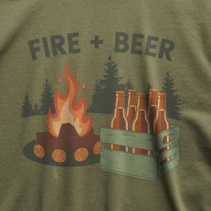 Green t-shirt with 'Fire + Beer' graphic design featuring a campfire and beer bottles.
