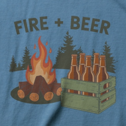 T-shirt design with a campfire and beer bottles on a blue background