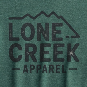 Lone Creek Apparel distressed mountain logo graphic on a heather-blend tee.