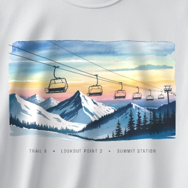 Watercolor illustration of a ski lift at sunset over mountains with "TRAIL 6 • LOOKOUT POINT 2 • SUMMIT STATION" text on a White midweight fleece crewneck sweatshirt.