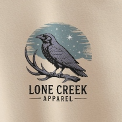 Dark fantasy woodcut illustration of a raven on an antler against a teal crescent moon on a Sand midweight fleece crewneck sweatshirt.