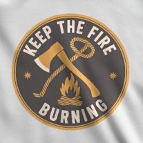 Circular logo with an axe, rope, and flame design on a black background with 'Keep The Fire Burning' text.