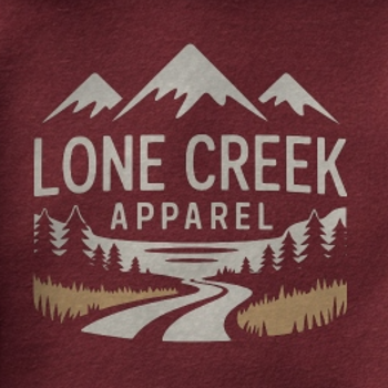 Maroon sweatshirt with 'Lone Creek Apparel' logo featuring mountains and a path.