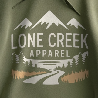 Green shirt with 'Lone Creek Apparel' logo featuring mountains and a road.
