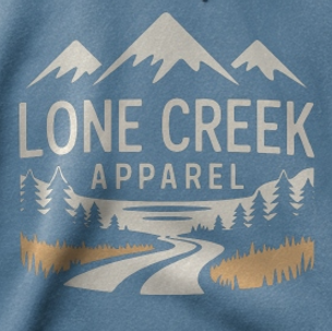 Blue sweatshirt with 'Lone Creek Apparel' logo featuring mountains and a river.