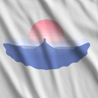 Geometric pink sun and blue mesa graphic on a White 100% cotton tee.