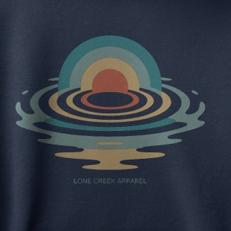 Retro sunset and water ripple graphic on a Navy midweight fleece hoodie.