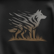 Stylized white wolf running graphic on the back of a Black midweight fleece hoodie.