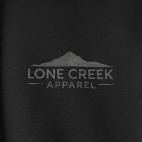 Line art mountain landscape graphic on the back of a Black midweight fleece hoodie background